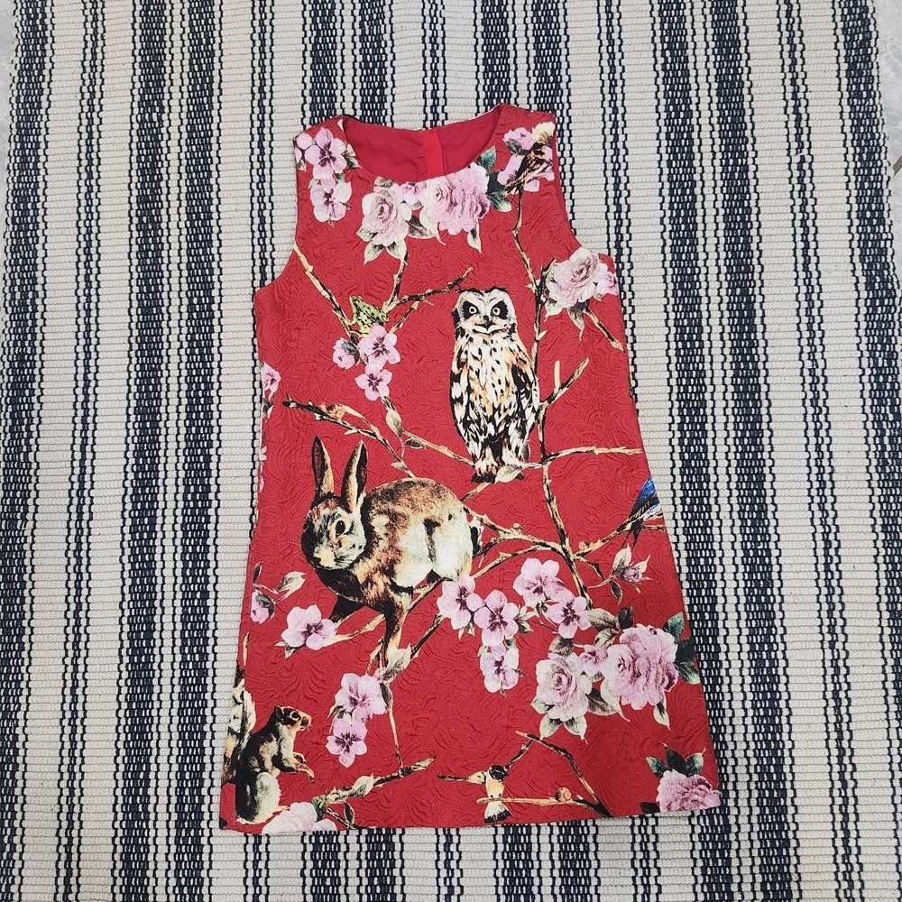Girls Sz 6 Red Woodland Animal Floral Brocade Party Dress Owl Rabbit
